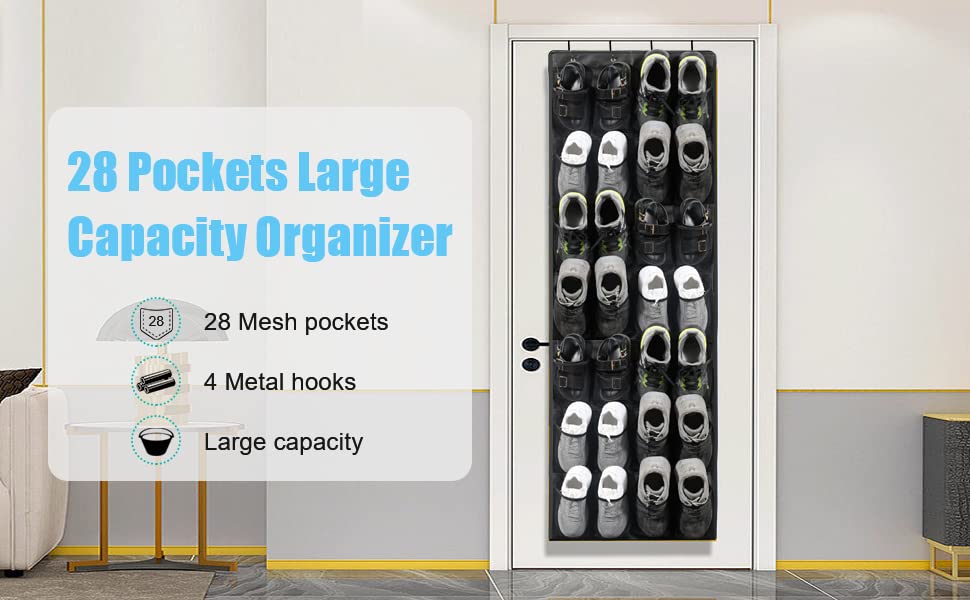 FIRCRE 28 Large Pockets Over The Door Shoe Organizer,Hanging Door Shoe Holder Rack with Mesh Pockets Size 65 x 23 Inch (2 Pcs Black)