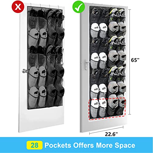 FIRCRE 28 Large Pockets Over The Door Shoe Organizer,Hanging Door Shoe Holder Rack with Mesh Pockets Size 65 x 23 Inch (2 Pcs Black)