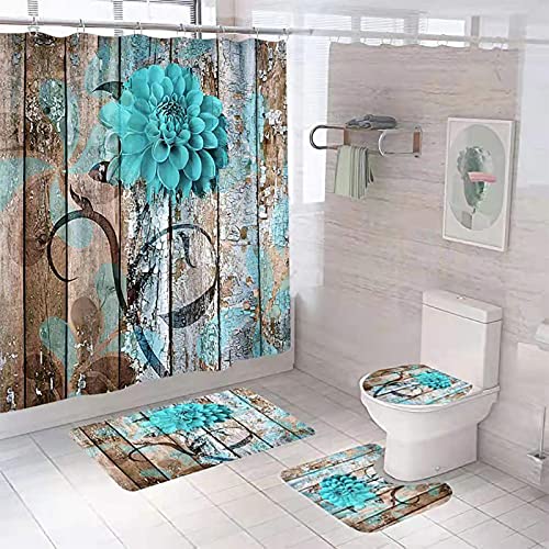 RYSSH 4Pcs Farmhouse Rustic Teal Floral Flower Shower Curtain Sets with Non-Slip Rugs, Toilet Lid Cover and Bath Mat for Bathroom…