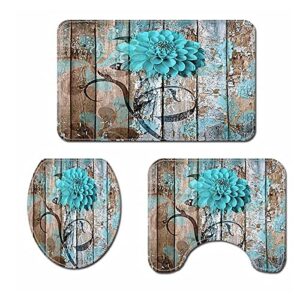 RYSSH 4Pcs Farmhouse Rustic Teal Floral Flower Shower Curtain Sets with Non-Slip Rugs, Toilet Lid Cover and Bath Mat for Bathroom…