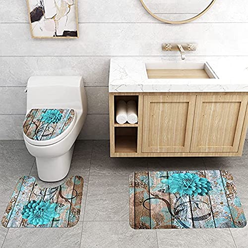 RYSSH 4Pcs Farmhouse Rustic Teal Floral Flower Shower Curtain Sets with Non-Slip Rugs, Toilet Lid Cover and Bath Mat for Bathroom…