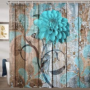 RYSSH 4Pcs Farmhouse Rustic Teal Floral Flower Shower Curtain Sets with Non-Slip Rugs, Toilet Lid Cover and Bath Mat for Bathroom…