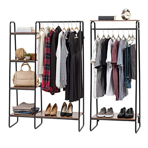 IRIS USA Metal Garment Rack with Wood Shelves Combo, Black/Dark Brown