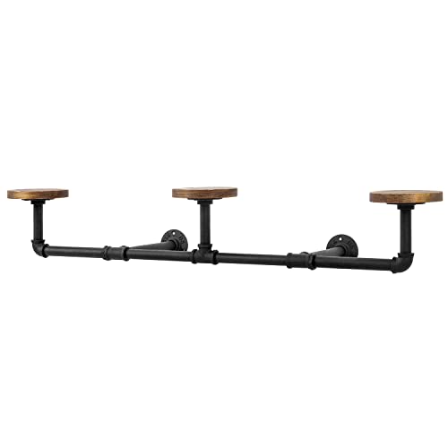 MyGift Wall Mounted Black Metal Industrial Pipe Clothing Rod Hat Rack and Wig Holder with Solid Burnt Wood Round Hat Forms, Heavy Duty Hanging Bar Entryway Organizer Coat Rack