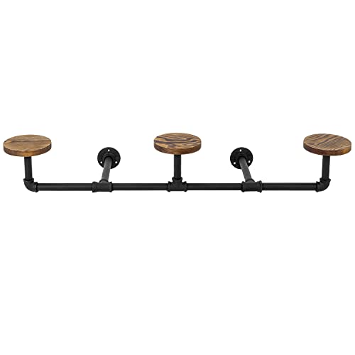 MyGift Wall Mounted Black Metal Industrial Pipe Clothing Rod Hat Rack and Wig Holder with Solid Burnt Wood Round Hat Forms, Heavy Duty Hanging Bar Entryway Organizer Coat Rack