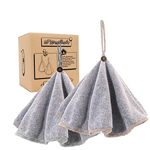 myHomeBody Hand Towels with Hanging Loops, Hand Towels with Button Loop, Kitchen Hand Towels with Button, Kitchen Hand Towels Decorative, Hand Towels with Button, Set of 2, Grey