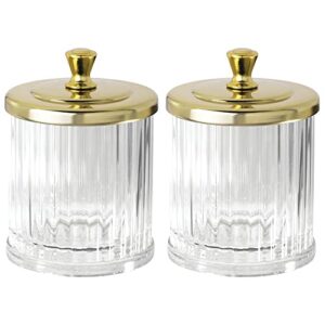 mDesign Fluted Bathroom Vanity Storage Organizer Canister Apothecary Jar for Cotton Swabs, Rounds, Balls, Makeup Sponges, Bath Salts - 2 Pack - Clear/Soft Brass