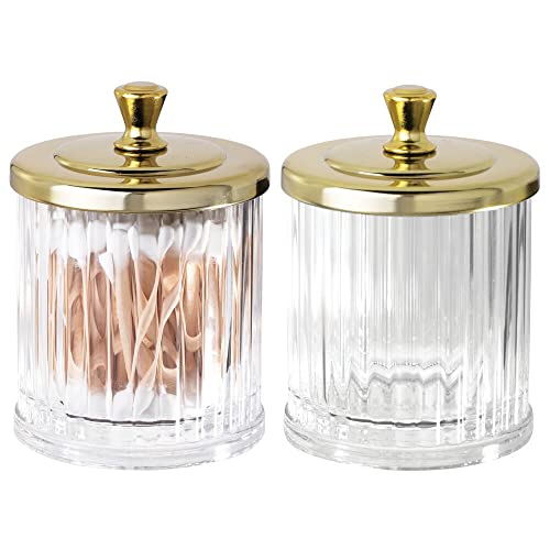 mDesign Fluted Bathroom Vanity Storage Organizer Canister Apothecary Jar for Cotton Swabs, Rounds, Balls, Makeup Sponges, Bath Salts - 2 Pack - Clear/Soft Brass