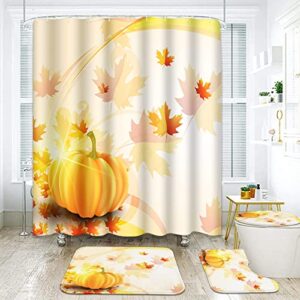pumpkin bathroom sets with shower curtain and rugs and accessories,pumpkin halloween shower curtain sets,autumn leaf shower curtains for the bathroom,fall bathroom decor 4 pcs
