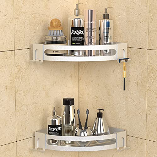 GeekDigg 2-Pack Shower Shelves for Tile Walls, Aluminum Corner Shower Basket (Not brushed nickel) & 2 Pack Corner Shower Caddy, Adhesive Bathroom Shelf Wall Mounted with Razor Holder