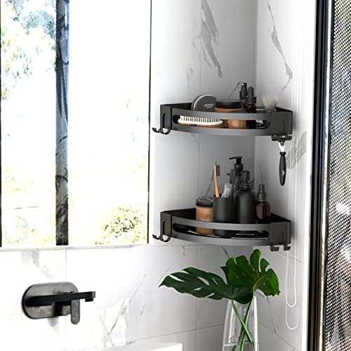 GeekDigg 2-Pack Shower Shelves for Tile Walls, Aluminum Corner Shower Basket (Not brushed nickel) & 2 Pack Corner Shower Caddy, Adhesive Bathroom Shelf Wall Mounted with Razor Holder