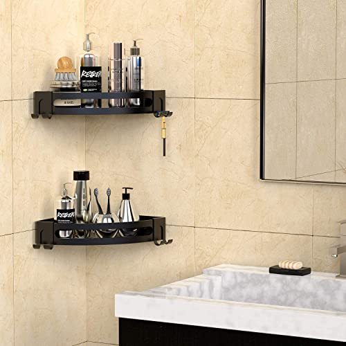 GeekDigg 2-Pack Shower Shelves for Tile Walls, Aluminum Corner Shower Basket (Not brushed nickel) & 2 Pack Corner Shower Caddy, Adhesive Bathroom Shelf Wall Mounted with Razor Holder