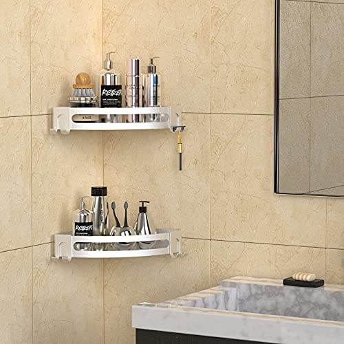 GeekDigg 2-Pack Shower Shelves for Tile Walls, Aluminum Corner Shower Basket (Not brushed nickel) & 2 Pack Corner Shower Caddy, Adhesive Bathroom Shelf Wall Mounted with Razor Holder