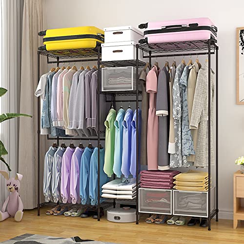 Clothing Rack with Shelves,Large Heavy Duty Wire Garment Rack,Adjustable Clothes Racks for Hanging Clothes,74x 18x 78.4Inches,Metal Rack for Bedroom (Diameter 19mm,Horizontal/L Shape Combination)