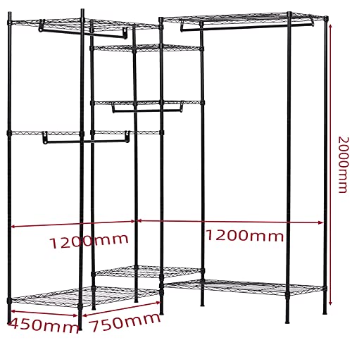 Clothing Rack with Shelves,Large Heavy Duty Wire Garment Rack,Adjustable Clothes Racks for Hanging Clothes,74x 18x 78.4Inches,Metal Rack for Bedroom (Diameter 19mm,Horizontal/L Shape Combination)