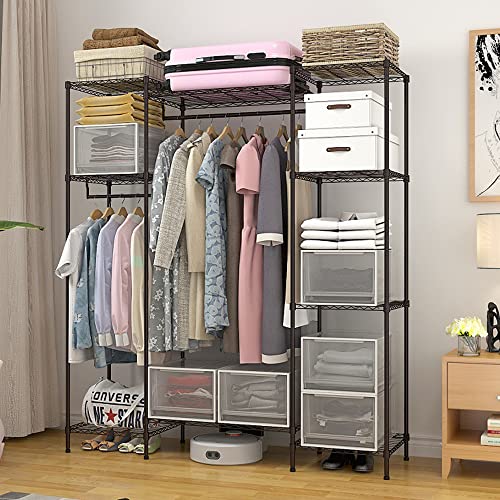 Clothing Rack with Shelves,Large Heavy Duty Wire Garment Rack,Adjustable Clothes Racks for Hanging Clothes,74x 18x 78.4Inches,Metal Rack for Bedroom (Diameter 19mm,Horizontal/L Shape Combination)