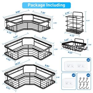 Wiqeerilly Corner Shower Caddy, Adhesive Bathroom Shower Organizer with 22 Hooks, 304 Stainless Steel Rustproof Shower Shelf for Inside Shower & Kitchen Storage - 5 Pack (Matte Black)