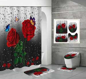 red rose shower curtain sets with non-slip rugs,toilet lid cover and bath mats rose bathroom sets with rugs and accessories flower shower curtain for bathroom floral bathroom curtain sets1-1