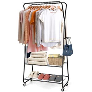 giantex metal rolling garment rack, clothing rack with wheels, double hanging rods, 2 shelves, 4 hooks, freestanding clothes organizer rack with 2 lockable wheels for bedroom, balcony, dorm, black