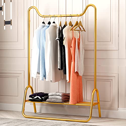 HoYoCaT 2-Styles Clothes Rack Metal Garment Rack Heavy-duty Clothing Rack with Shoes Shelf Gold Garment Rack…