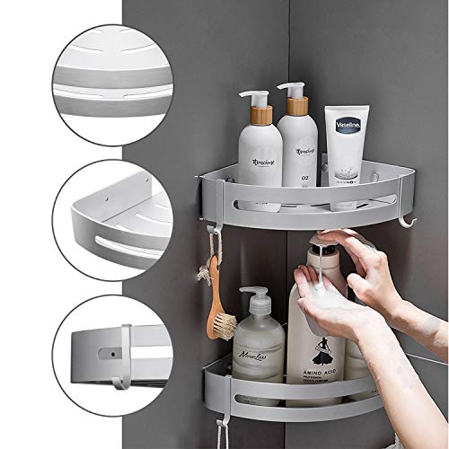 SEVENS No Drilling 2 Tiers Bathroom Corner Shelf Organizer for Shower Kitchen Storage Durable Space Aluminum Shower Caddy with Removable Hooks