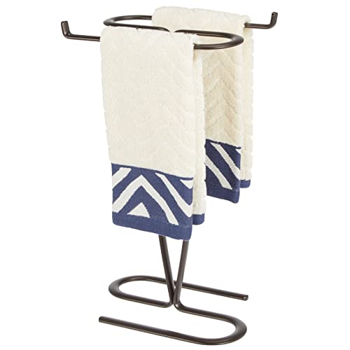 mDesign Decorative Modern Metal Fingertip, Hand Towel Holder Stand - for Bathroom Vanity Countertops to Display and Store Small Guest Towels - 2-Sided, 14" High - Bronze