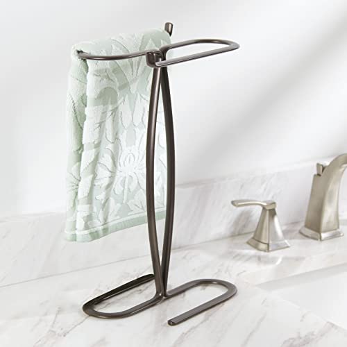 mDesign Decorative Modern Metal Fingertip, Hand Towel Holder Stand - for Bathroom Vanity Countertops to Display and Store Small Guest Towels - 2-Sided, 14" High - Bronze