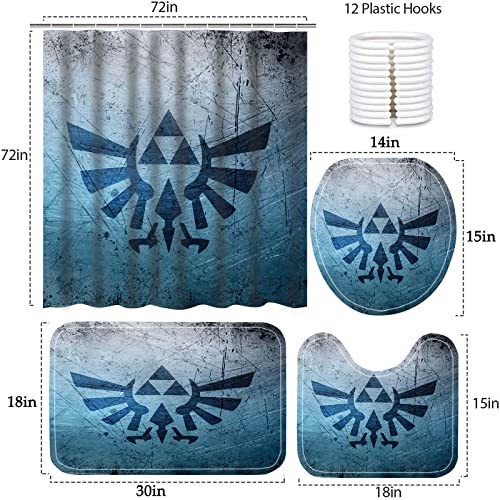 4 Piece The Legend of Shower Curtain Sets with Zelda 12 Hooks,Bathroom Decor Sets,Bath Mat and Toilet Mat Lid Rug Accessories Print,Waterproof(72x72 Inch)