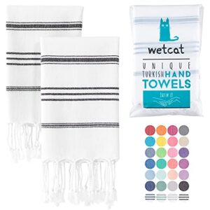 wetcat turkish hand towels with hanging loop (20 x 30) - set of 2, 100% cotton, soft - pre washed boho farmhouse kitchen towels - unique decorative hand towels for bathroom (black & white)