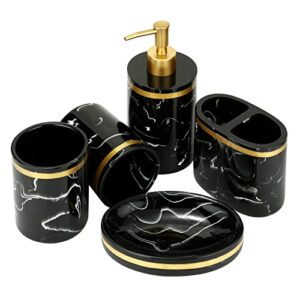gold trim resin bathroom accessories set, 5 piece bathroom sets includes soap dispenser pump, divided toothbrush holder pump, 2 rinsing cup, soap dish (black)
