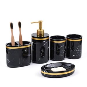 Gold Trim Resin Bathroom Accessories Set, 5 Piece Bathroom Sets Includes Soap Dispenser Pump, Divided Toothbrush Holder Pump, 2 Rinsing Cup, Soap Dish (Black)