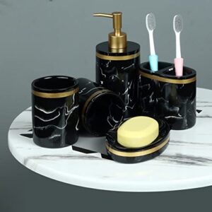Gold Trim Resin Bathroom Accessories Set, 5 Piece Bathroom Sets Includes Soap Dispenser Pump, Divided Toothbrush Holder Pump, 2 Rinsing Cup, Soap Dish (Black)