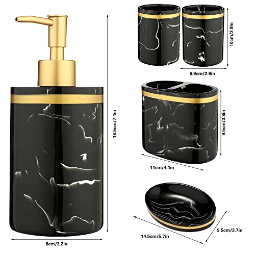 Gold Trim Resin Bathroom Accessories Set, 5 Piece Bathroom Sets Includes Soap Dispenser Pump, Divided Toothbrush Holder Pump, 2 Rinsing Cup, Soap Dish (Black)