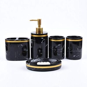 Gold Trim Resin Bathroom Accessories Set, 5 Piece Bathroom Sets Includes Soap Dispenser Pump, Divided Toothbrush Holder Pump, 2 Rinsing Cup, Soap Dish (Black)