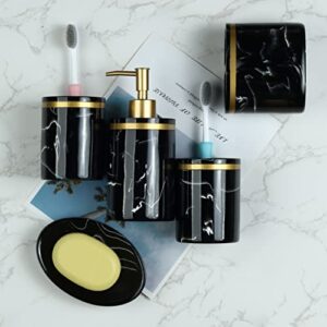 Gold Trim Resin Bathroom Accessories Set, 5 Piece Bathroom Sets Includes Soap Dispenser Pump, Divided Toothbrush Holder Pump, 2 Rinsing Cup, Soap Dish (Black)