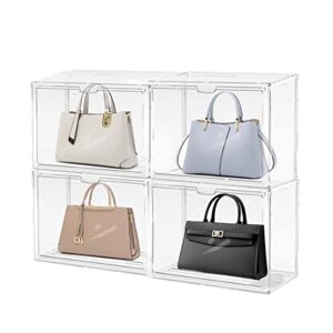 gimuemi 4 packs clear handbag storage organizer for closet, acrylic display case for purse, plastic storage containers with magnetic door, acrylic box organizers for wallets, toys, books
