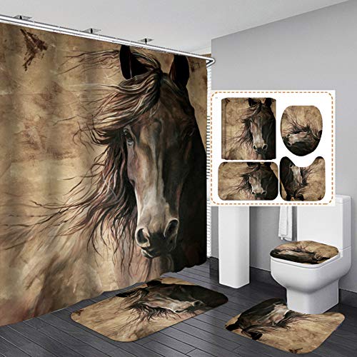 4PCS Animal 3D Printing Theme Shower Curtain and Bath Mat Set,Black Horse Decor Waterproof Non-Slip Bathroom Curtain and Rug Set with Hooks