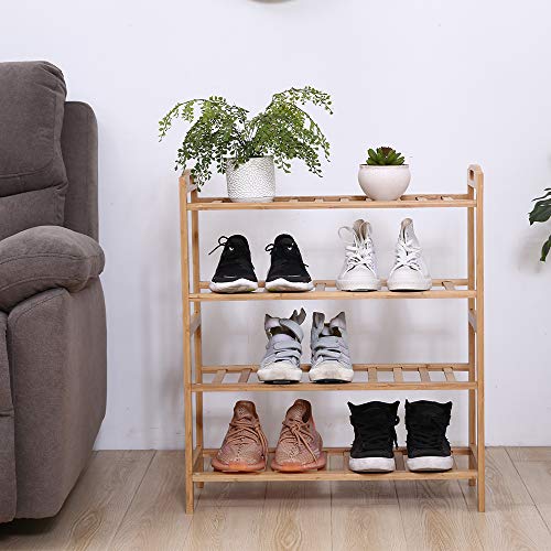 KKTONER Bamboo Wood Shoe Rack with Handle 4 Tier 12 Pairs Shoe Shelf Storage Organizer Free Standing Natural Color