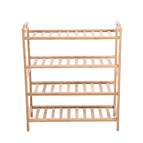 KKTONER Bamboo Wood Shoe Rack with Handle 4 Tier 12 Pairs Shoe Shelf Storage Organizer Free Standing Natural Color