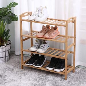 KKTONER Bamboo Wood Shoe Rack with Handle 4 Tier 12 Pairs Shoe Shelf Storage Organizer Free Standing Natural Color
