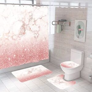 vivianbuy 4 piece bling marble shower curtains sets with non-slip rugs, toilet lid cover and bath mat, bathroom sets with shower curtain and rugs and accessories
