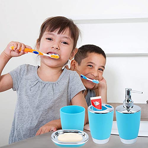 Bathroom Set Blue Bathroom Accessories Set 6 Pcs Plastic Bathroom Sets with Toothbrush Cup Toothbrush and Toothpaste Holder Soap Lotion Dispenser Rubbish Bin Toilet Brush with Holder Blue