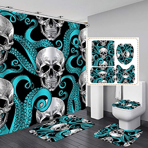 LXHG 4 Pcs Skull Pattern Shower Curtain Set with Bath Rugs and Mat, Toilet Lid Cover, 12 Hooks, Bathroom Sets with Shower Curtain and Rugs,Blue