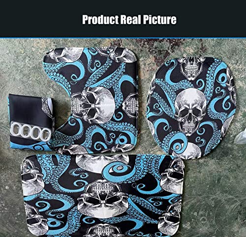 LXHG 4 Pcs Skull Pattern Shower Curtain Set with Bath Rugs and Mat, Toilet Lid Cover, 12 Hooks, Bathroom Sets with Shower Curtain and Rugs,Blue