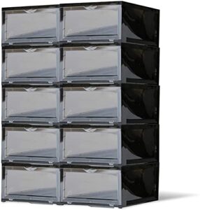 sneakneat sneaker storage container - 10 pack, durable shoe box set with drop front door - store up to men's usa size 13 - free standing stackable household organizer - stores, protects, displays shoe collection (black)