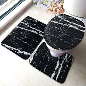 forsjhsa black and white marble bathroom rugs set 3 piece non slip bath mat + u-shaped contour + toilet lid cover absorbent bath mat set for tub, shower and bathroom one size