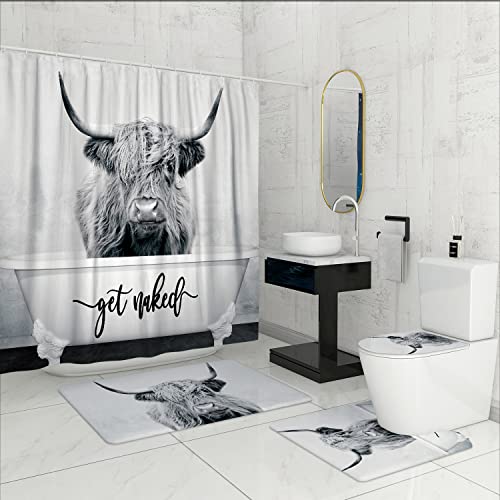 DESIHOM 4PCS Highland Cow Shower Curtain Set, Farmhouse Bathroom Sets with Shower Curtain, Non-Slip Rugs and Toilet Lid Cover, Western Rustic Bathroom Decor Accessories