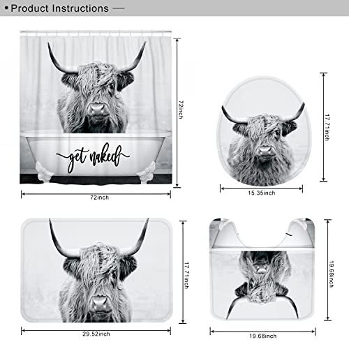 DESIHOM 4PCS Highland Cow Shower Curtain Set, Farmhouse Bathroom Sets with Shower Curtain, Non-Slip Rugs and Toilet Lid Cover, Western Rustic Bathroom Decor Accessories