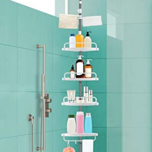 XLHOMO 36 to 122 Inch Corner Shower Caddy Tension Pole, Rustproof Drill-Free Shower Shelves for Bathroom, Shower Organizer with 4 Tier Adjustable Shelves Towel Bars