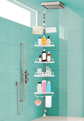 XLHOMO 36 to 122 Inch Corner Shower Caddy Tension Pole, Rustproof Drill-Free Shower Shelves for Bathroom, Shower Organizer with 4 Tier Adjustable Shelves Towel Bars